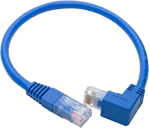 Vista 2 de TRIPP LITE Cable de conexión UTP Cat6 en ángulo inferior (RJ45), M/M, Gigabit, moldeado, azul, 1 pie (N204-001-BL-DN)