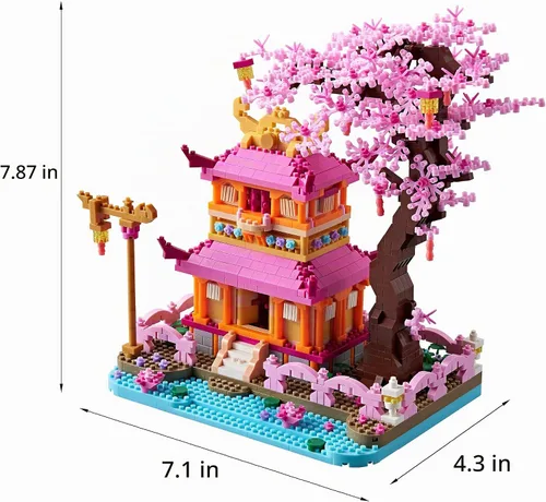 Vista 4 de Juego de microbloques de construcción de Cherry Blossom Tree House Enjoy Flower Pavilion de 1810 piezas, exquisito kit de modelo de arquitectura