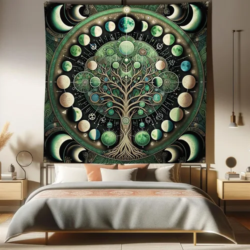 Vista 116 de Ambesonne Tapiz verde, fases lunares alrededor de un árbol de la vida, impresión de diseño bohemio de astrología nocturna, decoración de tela