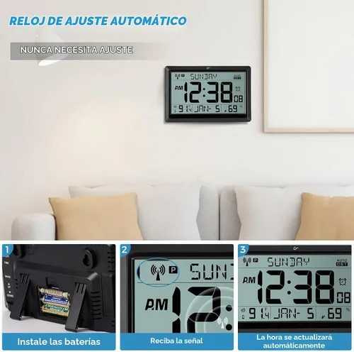 Vista 4 de Amgico Reloj de pared digital, reloj atómico de pantalla grande de 10.5", funciona con pilas, ajuste automático de calendario digital
