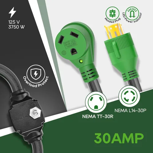 Vista 4 de RVGUARD Protector contra sobrecarga de 30 amperios, cable adaptador del generador a la caravana con interruptor de circuito, adaptador de corriente