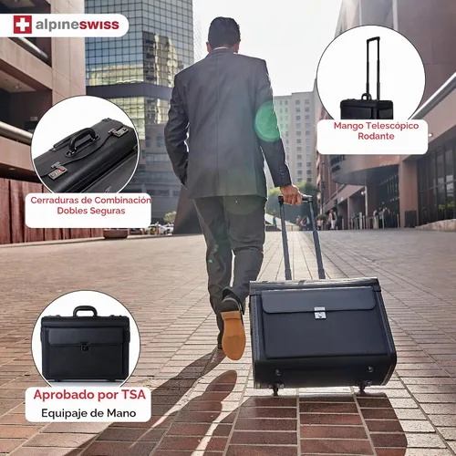 Vista 2 de Alpine Swiss Maletín para portátil con ruedas de 17" con ruedas Attache Abogados Case Legal Size Negro