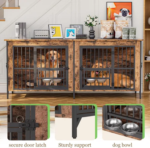 Vista 2 de Mueble de jaula para perros, jaula doble para perros con parte superior de almacenamiento y cuencos giratorios para alimentos, perrera decorativa