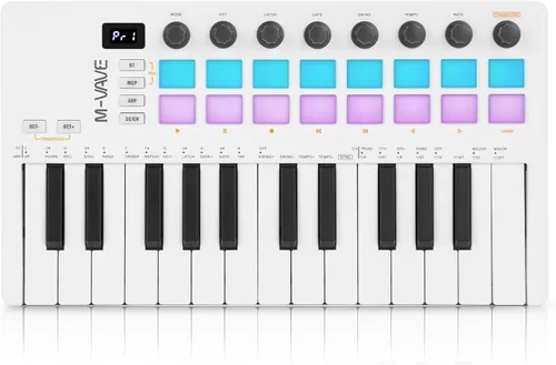 Vista 7 de M-VAVE Controlador de teclado USB MIDI de 25 teclas con 16 almohadillas de batería retroiluminadas, Bluetooth, teclado dinámico semi-pesado