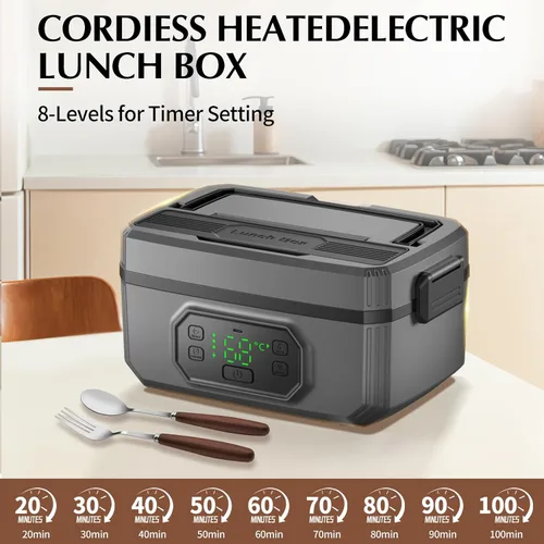 Vista 2 de Fiambrera eléctrica para adultos con temporizador – 1.6L eléctrica inalámbrica 24000mAh alimentada por batería calentada, calefacción de 5 lados