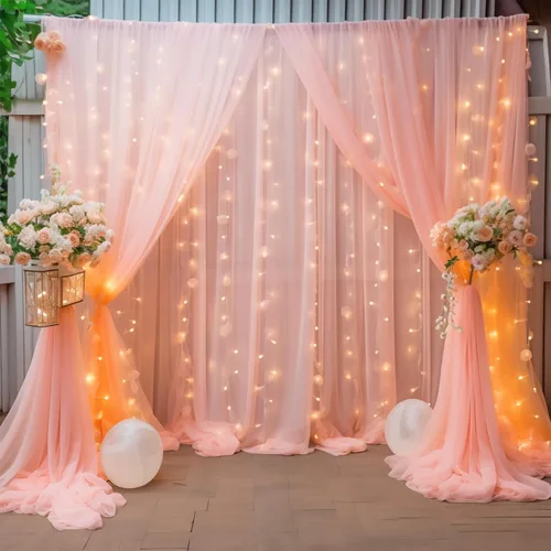 Vista 24 de Cortina de telón de fondo de tul negro de 10 x 10 pies con cadena de luces para fiestas, cortinas de fondo de fotos transparentes para bodas
