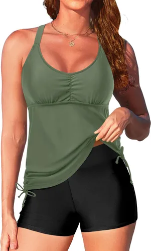 Vista 15 de Tempt Me Traje de baño tankini de dos piezas para mujer, traje de baño con control de abdomen y pantalones cortos atléticos
