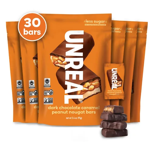 Vista 10 de Unreal - Barras de turrón de cacahuete y caramelo de chocolate oscuro, bolsas de tamaño económico, paquete de 3 Chewy caramel, organic peanuts and