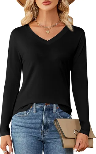 Vista 2 de Ficerd Paquete de 2 camisetas con cuello en V para mujer, manga corta o larga, camisetas básicas de verano casuales con dobladillo sólido