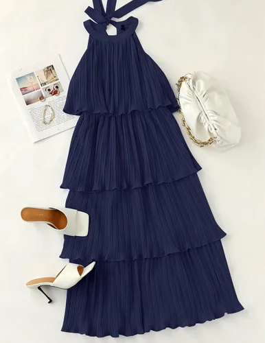 Vista 5 de Zesica Vestido de verano sin mangas, con cuello halter y volantes escalonados, de gasa, con vuelo, largo por debajo de la rodilla