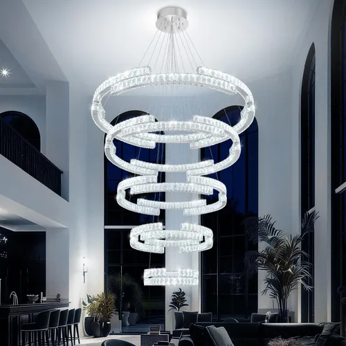 Vista 17 de D40''+D27.5''+D15.7'' Moderna lámpara de araña de oro de 3 anillos de cristal para sala de estar, luz colgante de cristal, entrada de vestíbulo Oro