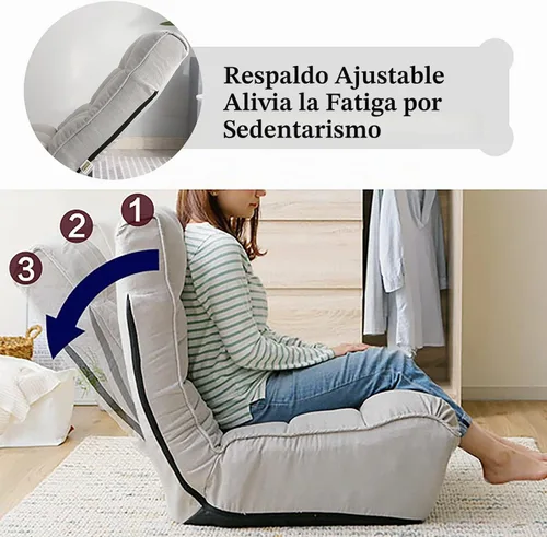 Vista 8 de Chaise Sillón de descanso interiores. Silla de piso ajustable de 3 ángulos. Sillón de sofá plegable para adolescentes y adultos. Silla cómoda