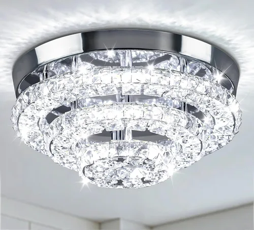 Vista 9 de Lámpara de Araña de Cristal Regulable de 11.8", Luz de Techo de Cristal, Lámparas de Araña Modernas de Montaje al Ras, Lámpara de Techo