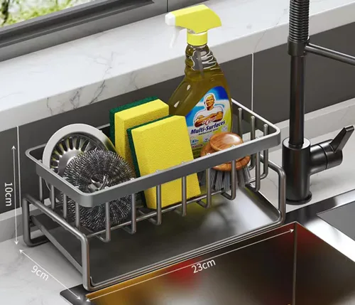 Vista 8 de Soporte de esponja de acero inoxidable para fregadero de cocina, organizador de esponja antioxidante, organizador de fregadero de cocina de baño