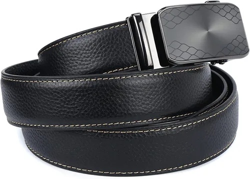 Vista 3 de iCuviy Cinturones de vestir de cuero genuino con trinquete deslizante para hombres, adecuados para el trabajo, negocios, cinturón de hebilla
