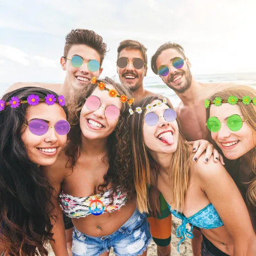 Vista 5 de TUPARKA Juego de 60 piezas de accesorios de disfraz de gafas hippie que incluye diademas multicolor de margaritas, gafas de sol hippie redondas