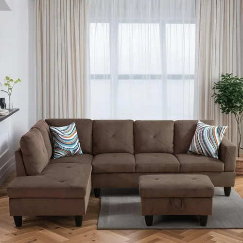 Vista 20 de Sofás en forma de L para sala de estar, muebles de sofá seccional para sala de estar con otomana de almacenamiento, sofá seccional modular con Beige