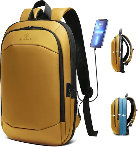 Vista 11 de hk Mochila de negocios para hombres de 17 pulgadas, delgada y expandible, impermeable, mochila de viaje para laptop con puerto de cargador USB, Negro