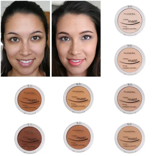 Vista 5 de Paquete de 2 polvos faciales mate PHOERA, controla aceite, ilumina el color de la piel, cubre imperfecciones, maquillaje, polvo fijador facial base