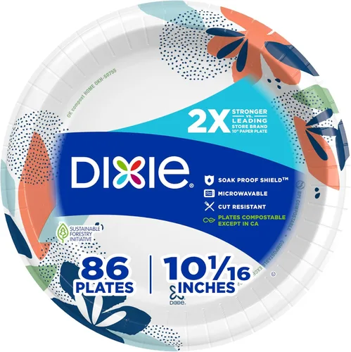 Vista 12 de Dixie Platos de papel grandes, 10 pulgadas, 54 unidades, 2 veces más fuertes, aptos para microondas, a prueba de remojos, resistentes a cortes
