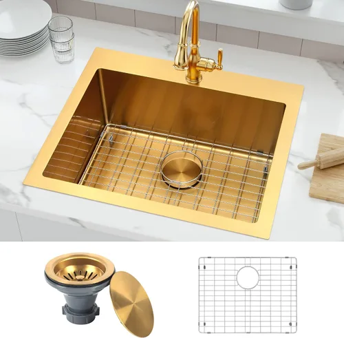 Vista 18 de Fregadero de barra dorada de 13 x 15 pulgadas, fregaderos de cocina dorados de acero inoxidable SUS304 de calibre 16 con accesorios, fregadero