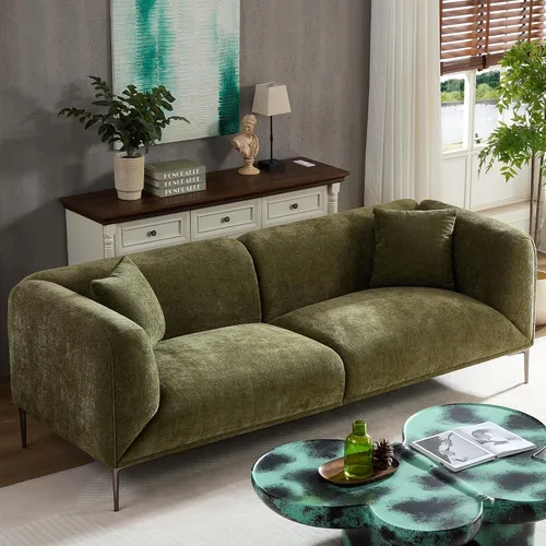 Vista 10 de Sofá moderno de 82 pulgadas con patas de metal, sofá boucle tapizado, sofás de lujo con asiento profundo de 3 plazas, sofá alto y minimalista