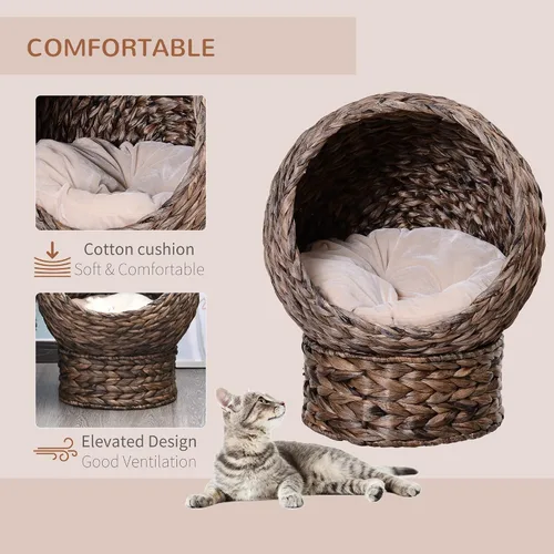 Vista 3 de PawHut Cama Elevada Tejida a Mano para Gatos con Cojín Suave y Forma de Silla de Huevo, Casa Canasta para Gatitos con Soporte, Cama Elevada