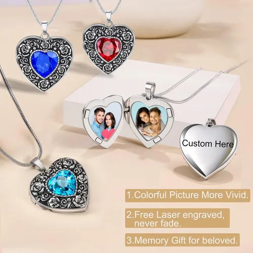 Vista 3 de Fanery sue Heart Locket Necklace That Holds 2 Pictures for Women Girls, Silver Rose Sunflower Custom Photos Necklaces Personalized Lockets Necklace