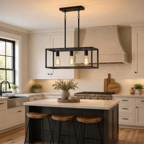 Vista 5 de Iluminación negra para isla de cocina, moderna lámpara rectangular de jaula lineal, 3 luces, lámpara colgante de metal industrial para granja
