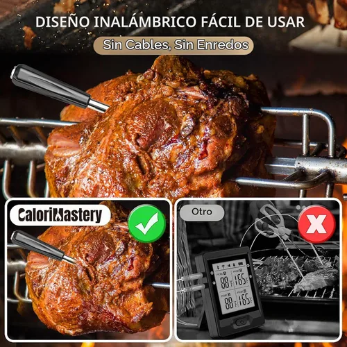 Vista 2 de Termómetro inalámbrico para carne: termómetro inteligente Bluetooth de 500 pies para cocinar y asar a la parrilla, termómetro digital CaloriMastery