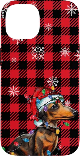 Vista 4 de iPhone 16 Dachshund Christmas Phone Case Red Plaid Pattern Christmas Lights Case