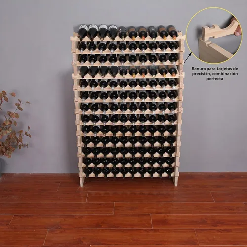 Vista 11 de Gabinete de estante de vino 130 botellas de madera apilable almacenamiento independiente piso modular bodega estante Natural