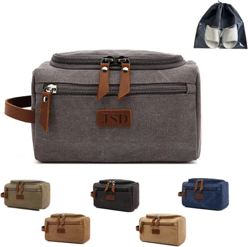 Vista 10 de Neceser personalizado para hombres, kit de aseo personalizado de lona para afeitar, bolsa de aseo grabada con láser, kit de lona de cuero