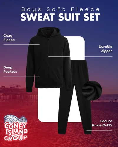 Vista 2 de Coney Island Conjunto deportivo para niños, 2 piezas de forro polar suave con cremallera y pantalones deportivos para niños (tallas 5-16)