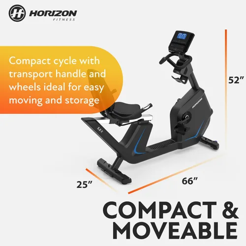 Vista 7 de Bicicleta reclinada Horizon Fitness 5.0R, para fitness y cardio, bicicleta de ciclismo con resistencia magnética y Bluetooth, asiento cómodo
