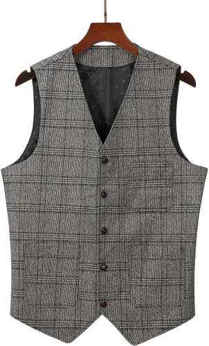 Vista 3 de Chaleco de traje vintage para hombre, chaleco de tweed a cuadros, chaleco de ajuste regular para padrinos de boda