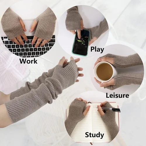 Vista 57 de Facecozy Calentadores de brazos para mujer, mezcla de lana de cachemira, guantes largos sin dedos para mujer, guantes para clima frío con agujero