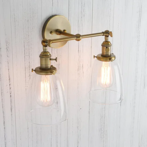 Vista 4 de PERMO Aplique doble vintage industrial antiguo 2 luces apliques de pared con cono ovalado pantalla de vidrio transparente (antiguo)