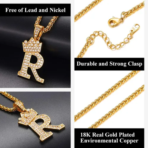 Vista 6 de Richsteel A-Z Crown Initial Necklace for Men Women 18K Gold Plated Shiny Cubic Zirconia Monogram Pendant with 22'' Chain+2'' (Extended) Fashion