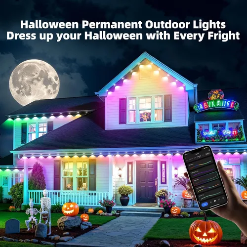 Vista 3 de Luces permanentes para exteriores para casa, IP67 impermeable con 60 luces RGB + IC, luces inteligentes de Navidad de 99.8 pies para exteriores