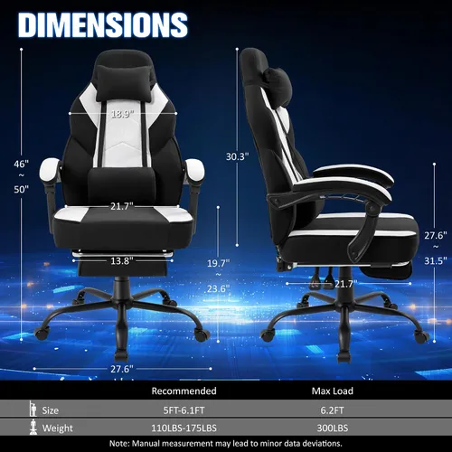 Vista 3 de Gaming Chair with Footrest Fabric Gaming Chair for Adults with Massage Lumbar Support, High Back Ergonomic Computer Chair, Pocket Spring Cushion