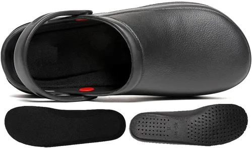 Vista 4 de Zapatos de trabajo de seguridad antideslizantes para hombres y mujeres, para enfermería de jardín, resistentes al agua, para cocina, chef, Negro, 9