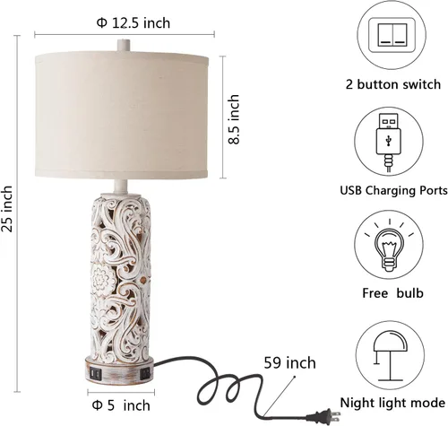Vista 6 de Lámparas de mesa rústicas para sala de estar y dormitorio Lámpara de noche vintage con doble puerto USB, lámparas retro de resina blanca antigua