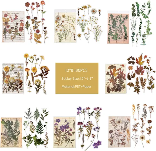 Vista 2 de Maxleaf Calcomanías de la Serie Botánica, 80 Calcomanías Grandes de Flores Secas Impermeables Transparentes, Calcomanías Florales de Plantas