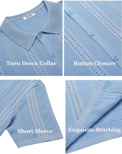 Vista 6 de COOFANDY Camisas de punto de manga corta con botones para hombre, camisas de playa de verano