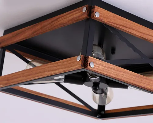 Vista 5 de Lámpara de techo rústica de 4 luces, de metal y madera, cuadrada, para pasillo, dormitorio, cocina, entrada, sala de estar, color negro
