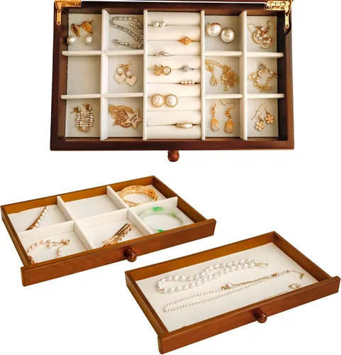 Vista 5 de Kendal Joyero de madera, joyero de 3 capas para mujer, organizador de joyas, estuche de almacenamiento de joyas de madera para collares, aretes