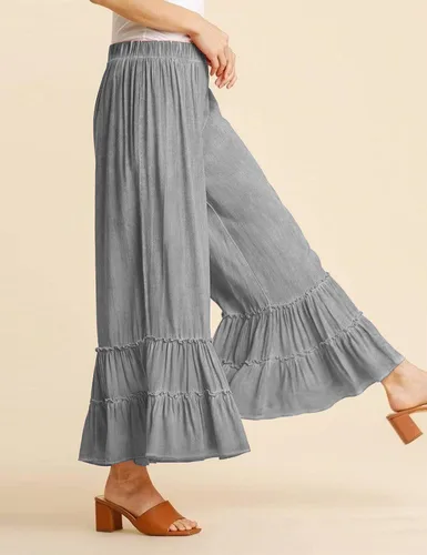 Vista 3 de Mundoven Pantalones de lino palazzo fluidos para mujer, elásticos, de cintura alta, pierna ancha, con volantes, holgados, pantalones de playa