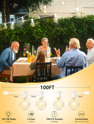 Vista 2 de SUNSGNE Guirnalda de luces de patio de 100 pies, luces de cadena G40 para exteriores con 105 bombillas Edison de globo transparente (5 de repuesto)
