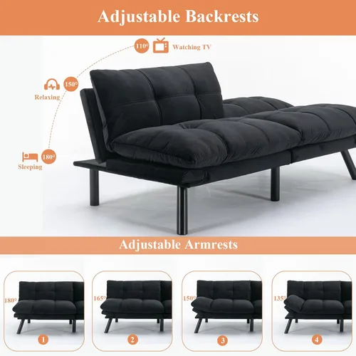 Vista 3 de Anwick Sofá cama futón convertible de terciopelo, sofá cama de 71 pulgadas con respaldo ajustable, moderno sofá biplaza para sala de estar compacta